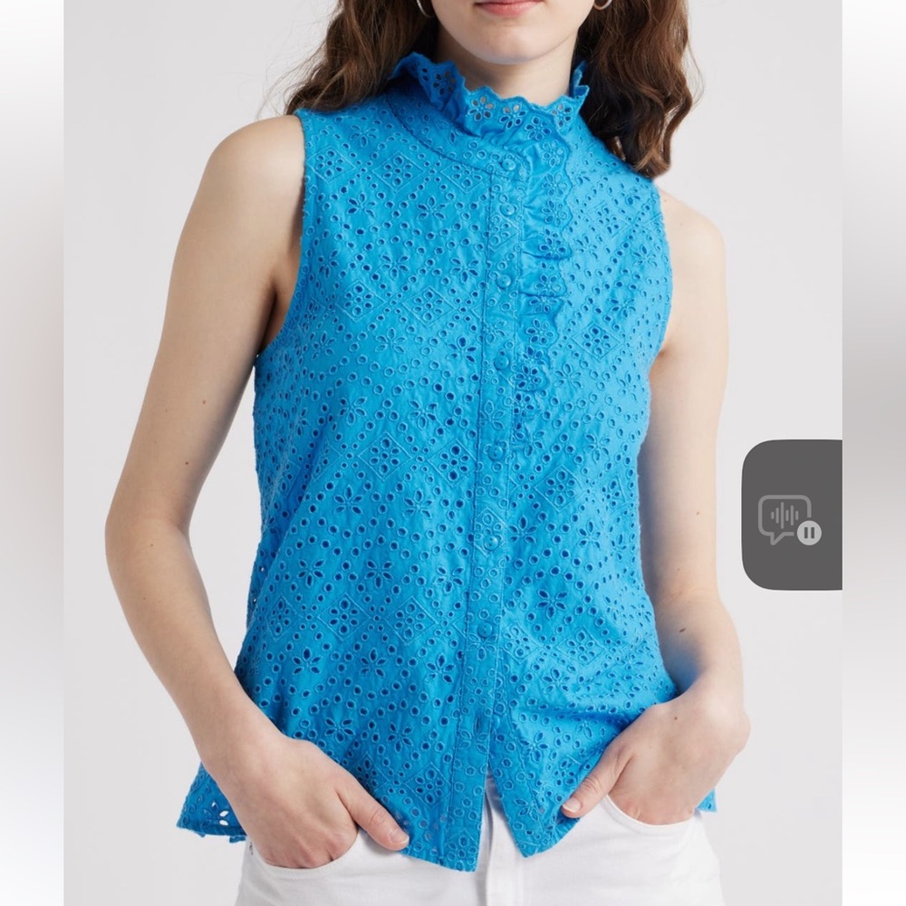 Caslon Bright Blue Eyelet Ruffle Mock-Neck Camisole